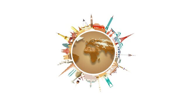 Travel landmarks around the brown world on white background, vacation, sightseeing animation banner with  (4K) . Travel world heritage and world famous buildings.