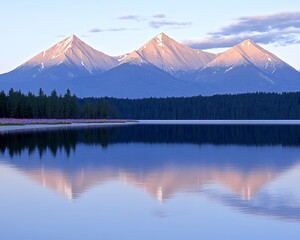 Fototapeta premium Pink Sunrise Reflection Lake With Snow Capped Mountain