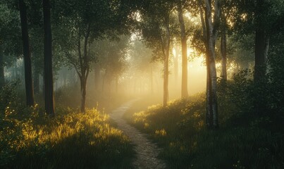 Obraz premium Misty forest path surrounded by tall trees and soft golden light filtering through the fog, creating a peaceful and magical atmosphere