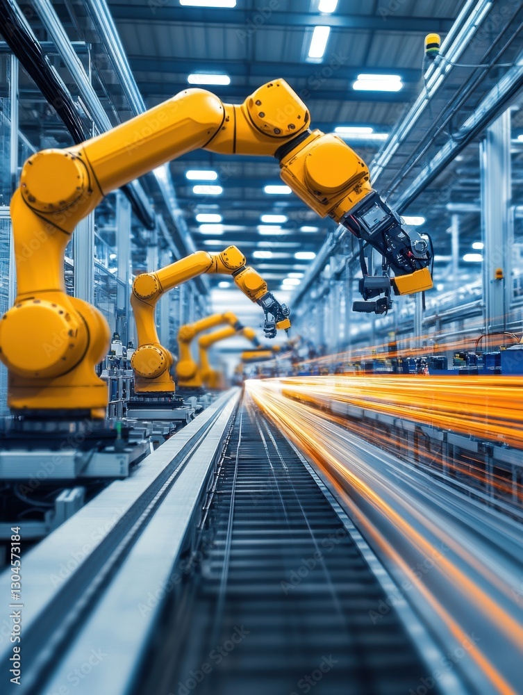 Poster robotic arms in modern factory setting with motion blur showcasing automation and precision engineer