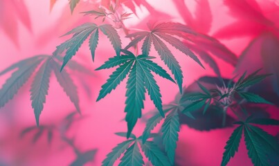 Macro shot of vibrant green cannabis leaves on a pastel pink background, soft lighting enhancing texture and detail.