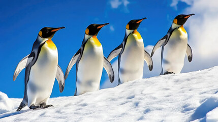 Fototapeta premium A group of penguins waddling across a snowy Antarctic landscape