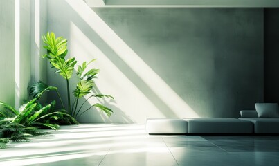 Serene morning light streaming through a minimalist modern living room, illuminating clean lines and vibrant greenery