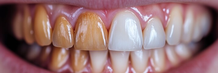 Close look at natural teeth showing differences in hue and health in a mouth during daytime. Generative AI