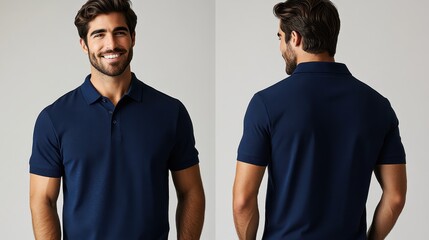 A navy blue polo shirt, its collar crisp and button neatly fastened, is the star of a stylish mockup. From both front and back angles, we see a man exude confidence as he wears the classic garment,