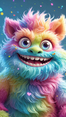 A charmingly vibrant, endearingly fluffy cute monster with a contagious smile, pastel colored and glowing with joy