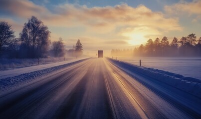 Fototapeta premium Long-haul truck driving through a misty highway at sunrise, casting dramatic shadows. Soft pastel hues and sharp details evoke adventure,