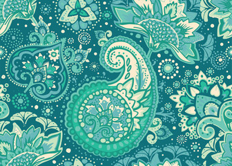 Seamless paisley pattern in Oriental style with floral and ethnic motifs for printed fabric, wallpaper, and packaging