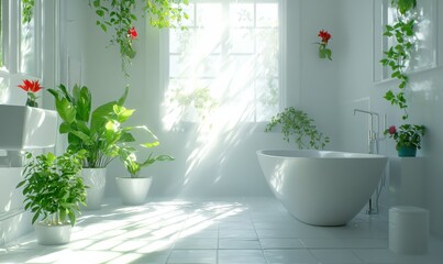 Minimalist bathroom with sleek white fixtures, vibrant potted plants, and soft sunlight streaming through frosted windows