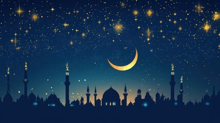 Naklejka premium Crescent moon shines over a mosque silhouette under starry sky