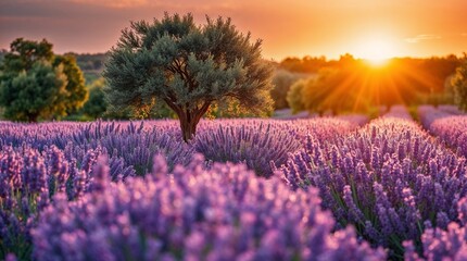 coucher de soleil sur les champs de lavande