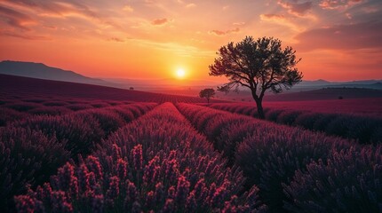 coucher de soleil sur les champs de lavande