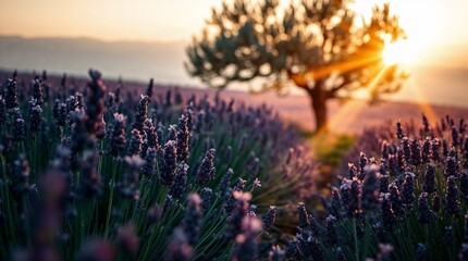coucher de soleil sur les champs de lavande