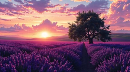 coucher de soleil sur les champs de lavande