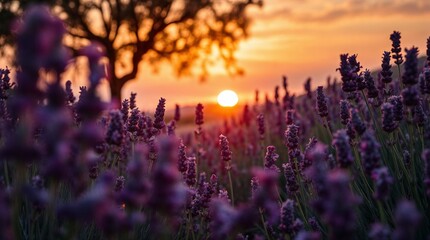 coucher de soleil sur les champs de lavande