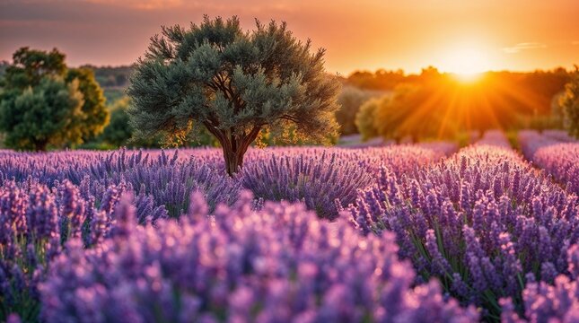 coucher de soleil sur les champs de lavande