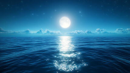 Serene night over calm ocean waters illuminated by a bright moon reflecting on the surface