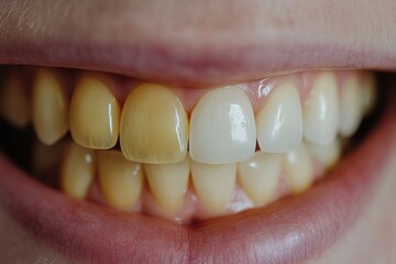 Dental examination highlighting both healthy and discolored teeth in natural light at a dental clinic. Generative AI