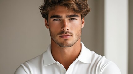 A young man, exuding effortless cool in a crisp, white polo shirt, confidently strikes a pose against a clean, neutral backdrop, capturing the essence of casual elegance.