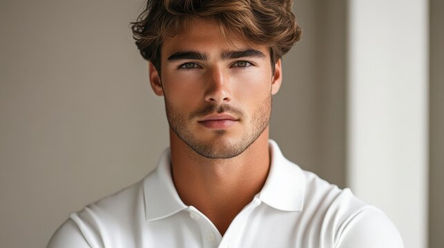 A young man, exuding effortless cool in a crisp, white polo shirt, confidently strikes a pose against a clean, neutral backdrop, capturing the essence of casual elegance.