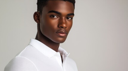 A young man, exuding effortless cool in a crisp, white polo shirt, confidently strikes a pose against a clean, neutral backdrop, capturing the essence of casual elegance.