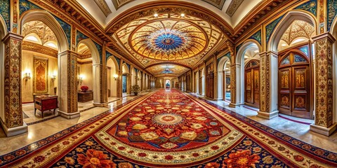 Obraz premium Grand Hallway with Intricate Patterned Rug - Panoramic Stock Photo