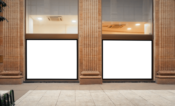 Modern billboard out of home (OOH) advertising poster template on building, in front of sidewalk. Two horizontal mock up templates side by side in street of Buenos Aires. Clean design. Transparent Png