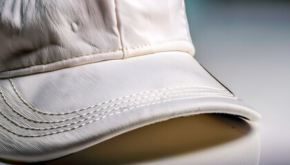 Extreme close-up of a golfer&rsquo;s cap with an embroidered logo, showcasing the fine fabric weave and detailed stitching, highlighting the craftsmanship and style of the golf accessory.
