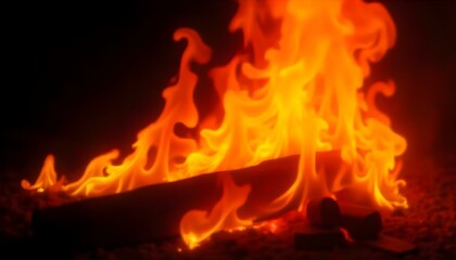 Fototapeta premium A close-up shot of a roaring fire, with flames that fill the frame. The fire is burning intensely, with bright yellow and orange flames licking upwards