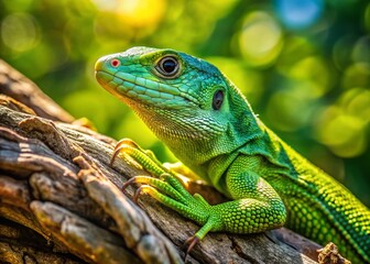 Fototapeta premium Green Lizard Sunbathing on Ancient Oak Tree Branch - Nature Stock Photo