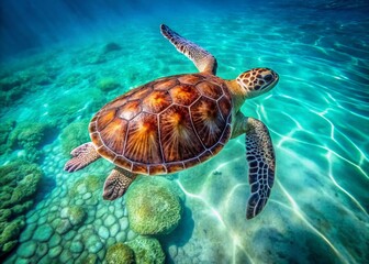 Obraz premium Green Sea Turtle, Dorsal View, Ocean Wildlife, Underwater Photography, Stock Photo
