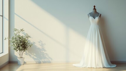 A sleek white bridal dress, its elegance accentuated by a graceful mannequin, stands against a minimalist backdrop, offering inspiration for bridal or formal fashion design.