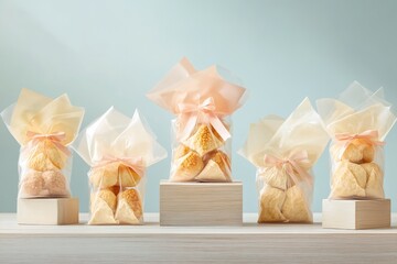 Colorful Hamantaschen Wrapped in Transparent Bags With Ribbons on a Light Wooden Surface Against a Pastel Backdrop