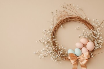 Elegant Minimalist Wreath With Pastel Eggs and Floral Accents on a Beige Background Ideal for Spring Decor