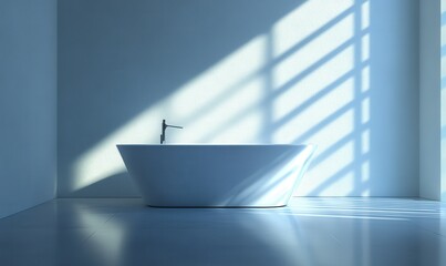 Modern bathroom with minimalist decor, clean lines, and neutral tones, soft light casting gentle shadows across the sleek surface