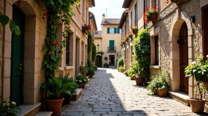Naklejka premium Sun-dappled cobblestone lane, flanked by charming stone buildings, adorned with vibrant climbing plants and potted flowers, creating a picturesque European streetscape.