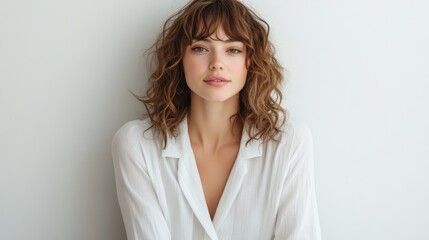 A woman with tousled curls models a sleek white blouse in a relaxed, yet elegant, pajama set against a minimalist white backdrop, showcasing a comfortable yet chic style for the home or office.