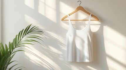 A sleek white tank top, draped gracefully on a slender wooden hanger, stands against a pristine backdrop in this mockup. The minimalist design is highlighted by its clean lines and understated