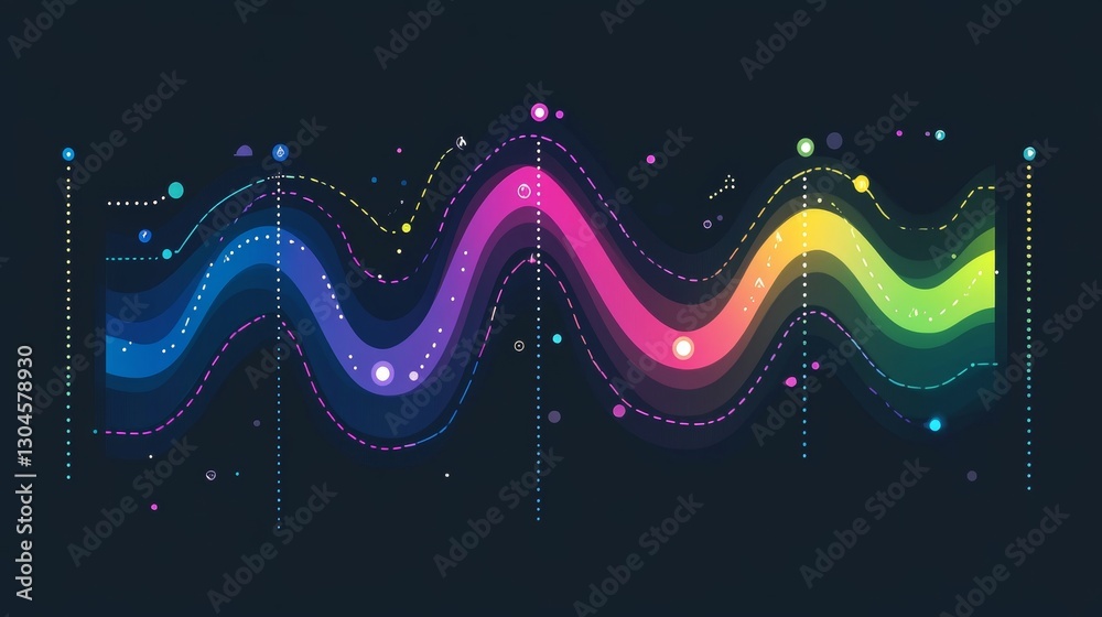 Poster abstract data visualization with vibrant gradient waves and sparkling particles on dark background