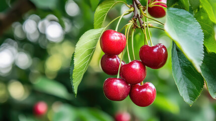 Obraz premium A cluster of fresh cherries hanging from a branch