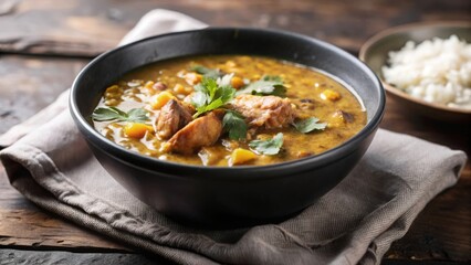 Savoring mulligatawny soup a spiced anglo-indian delight of lentils and tender chicken in a cozy kitchen setting