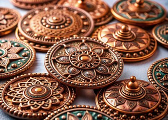 Fototapeta premium Handmade Ethnic Copper Medallions: Artisan Crafted Jewelry Components, Close-up View