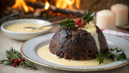 Flaming christmas pudding delight festive home setting culinary masterpiece cozy ambience close-up shot traditional holiday treat