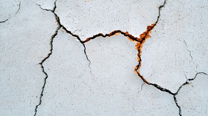 Obraz premium A close-up view of cracked concrete, showcasing fissures and signs of wear, emphasizing structural damage and deterioration.