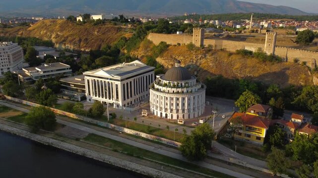 Aerial view of Skopje Fortress and administrative buildings on Vardar Riverside - Skopje, Macedonia