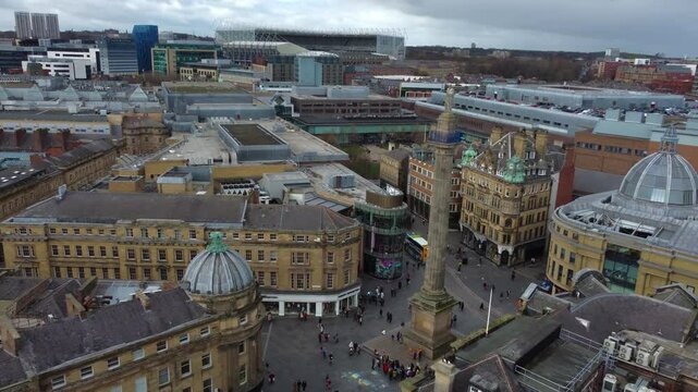 Drone view of Newcastle City Centre with Grey's Monument, Grainger Town and St James' Park