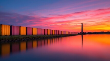Obraz premium Cargo Terminal at Dusk Under a Colorful Sky with Reflections in Calm Water