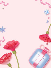 pink and sky blue color background with carnations gift box 3D graphic