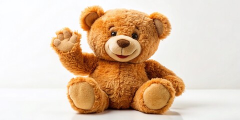 Obraz premium Happy Brown Teddy Bear Waving, White Background Stock Photo