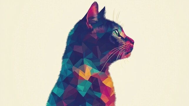 Minimalist Futuristic Representation of Cat in Vibrant Geometric Patterns and Shapes